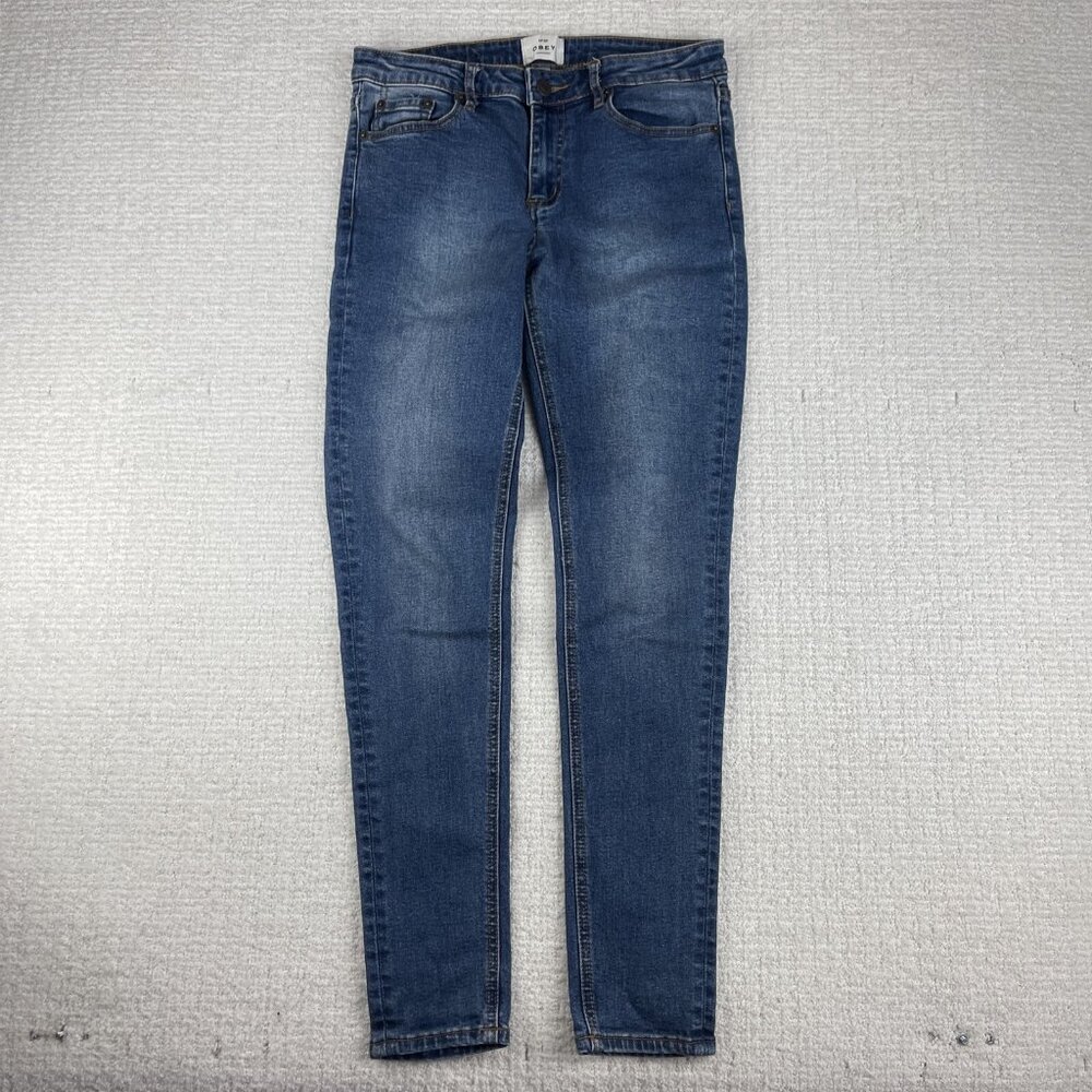Womens Jeans N89 Obey Propaganda Stretch Blue Sz 28 Tight  Straight Leg